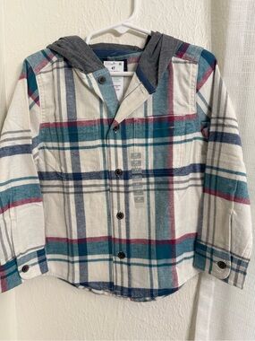 OshKosh B'gosh Teal Navy White Plaid Hooded Button-Down Shirt
